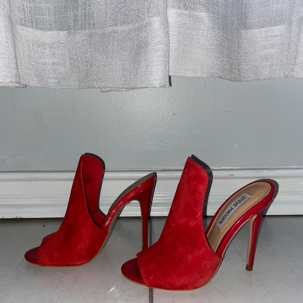 Red suede mules